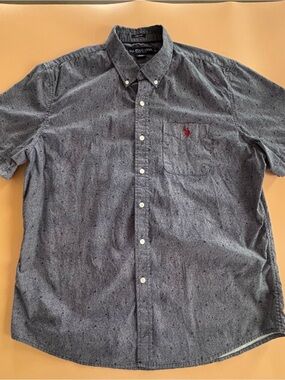 U.S. Polo Assn Button Front Shirt XL Gray Floral Dot Print Stretch Short Sleeve